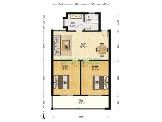 经济电视台宿舍 2室1厅1卫 76平方