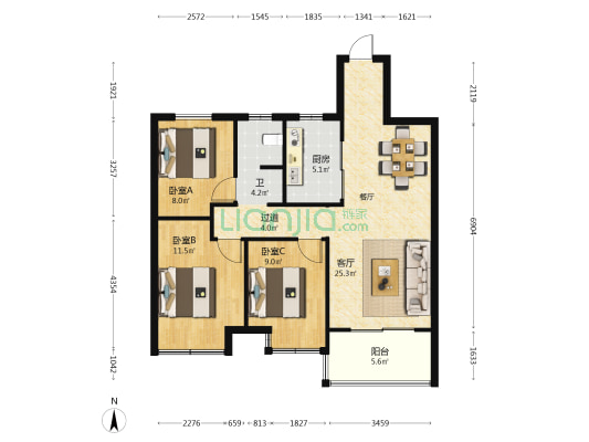 鄂州吾悦广场一期 3室1厅1卫 97平方