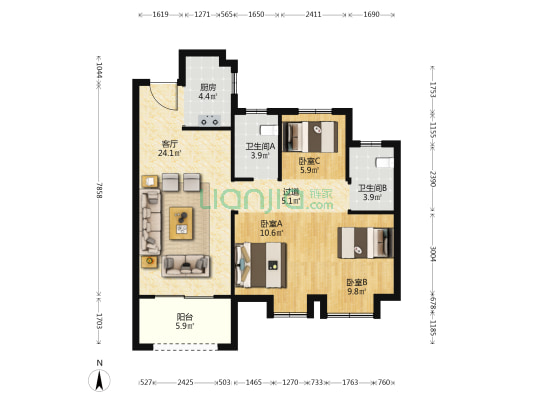 洺悦华府 3室1厅2卫 91平方