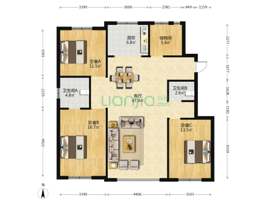 天鸿海悦礼 3室1厅2卫 127平方