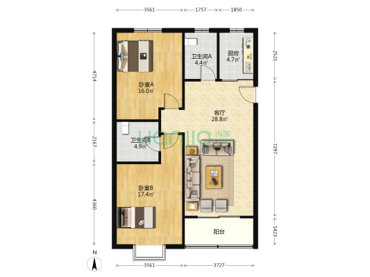 银都园 2室1厅2卫 105平方