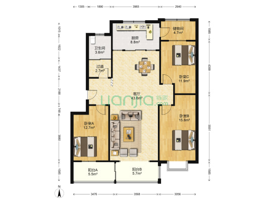 新方新怡园 3室1厅1卫 138平方
