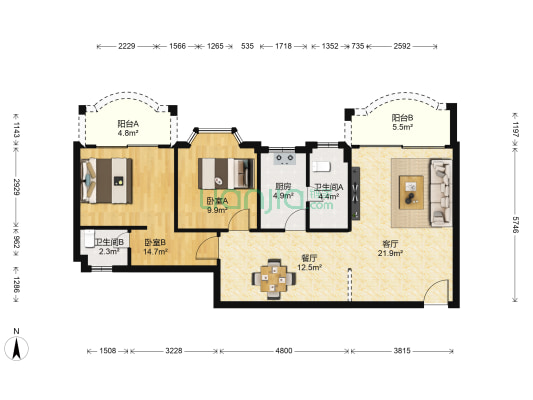 清远第一城 2室2厅2卫 95平方