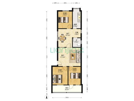 交通职院宿舍楼 3室2厅1卫 91平方