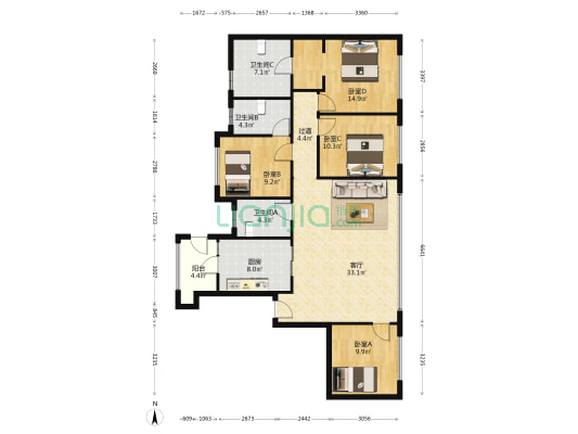中骏天荟 4室1厅3卫 163平方