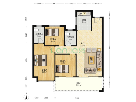 华杰福源府 3室1厅2卫 118平方