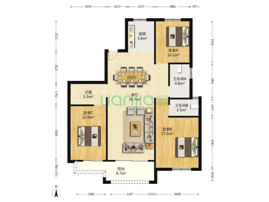 华建颐园 3室1厅2卫 142平方
