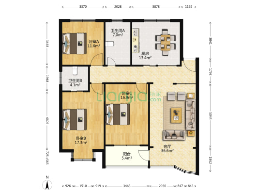 朝泾新村 3室1厅2卫 136平方