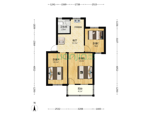 观风亭街59号 3室1厅1卫 61平方