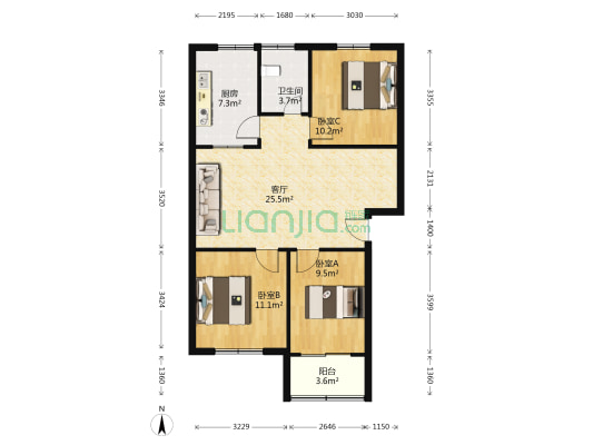 星河大厦 3室1厅1卫 91平方