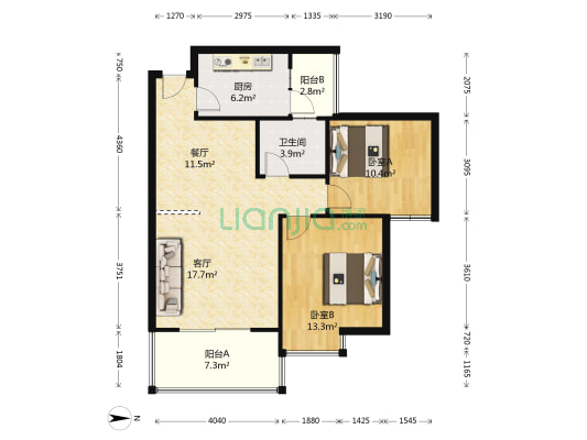 观景上东 2室2厅1卫 89平方