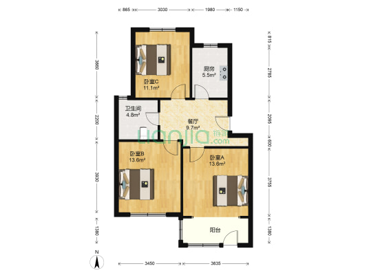 伟业金锦苑三村 3室1厅1卫 78平方