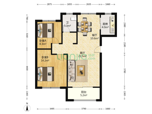 中心国际 2室2厅1卫 88平方
