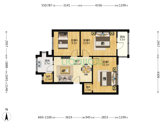 白云北路8号 3室1厅0卫 70平方