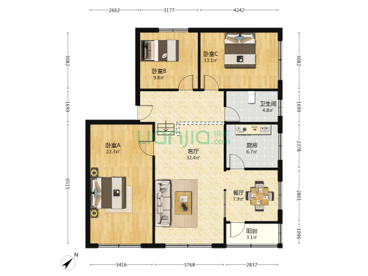 富明路一段9号 3室2厅1卫 122平方
