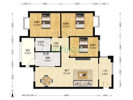 艺锦湾四期 3室1厅1卫 104平方