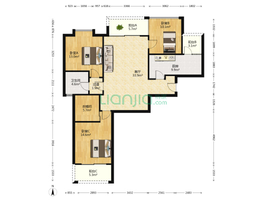 财富中心国际公寓 3室1厅1卫 122平方
