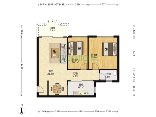 人民三路 2室1厅1卫 85平方