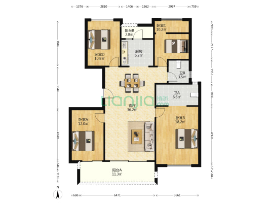 华远海蓝城一期 4室1厅2卫 136平方