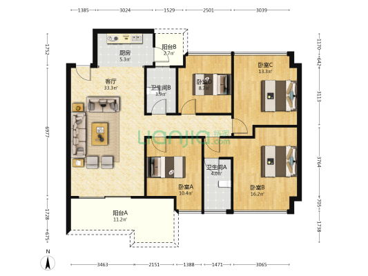 嘉州华府 4室1厅2卫 124平方