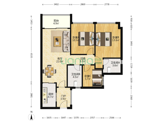 亚运城天峯2区 3室1厅2卫 88平方
