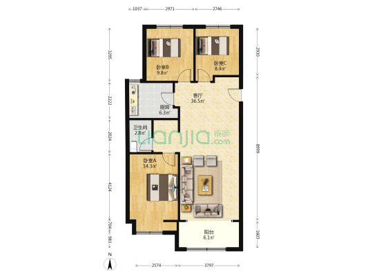 万科长风公馆 3室1厅1卫 118平方