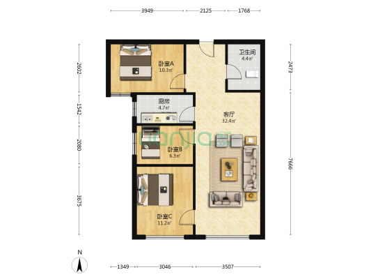 精装修 中高层 带装修 满二 带家具家电 采光好 视野好-户型图