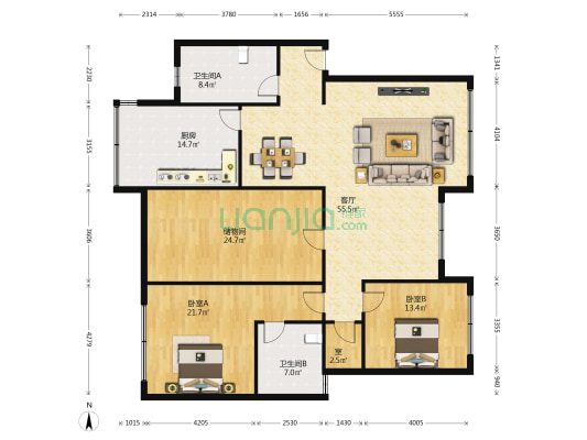 崇州花园 3室1厅2卫 161平方