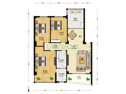 香榭园 3室1厅2卫 124平方