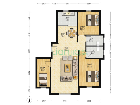 路弘·阳光华府 3室2厅2卫 109平方