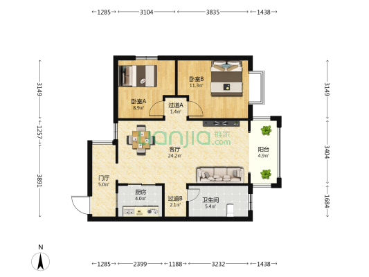 正茂豪庭 2室1厅1卫 85平方