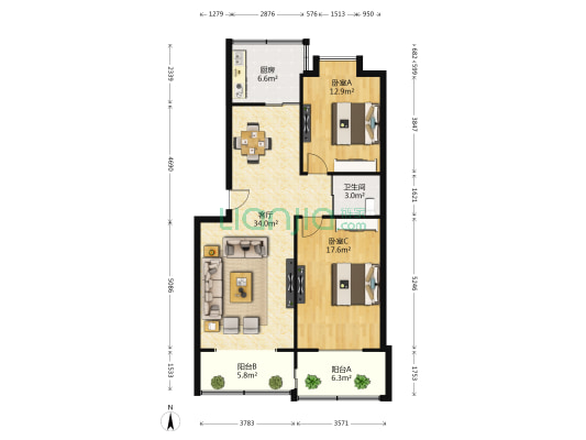 滨湖桃苑 2室1厅1卫 93平方