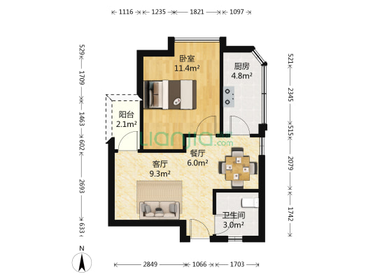 世纪中央城二期 1室2厅1卫 47平方