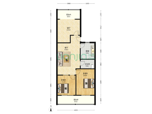 观音机场宿舍 2室2厅1卫 112平方