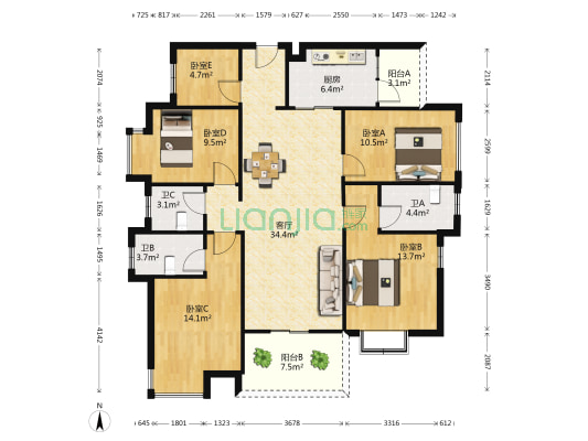 嘉和城白鹭南山 5室1厅3卫 128平方