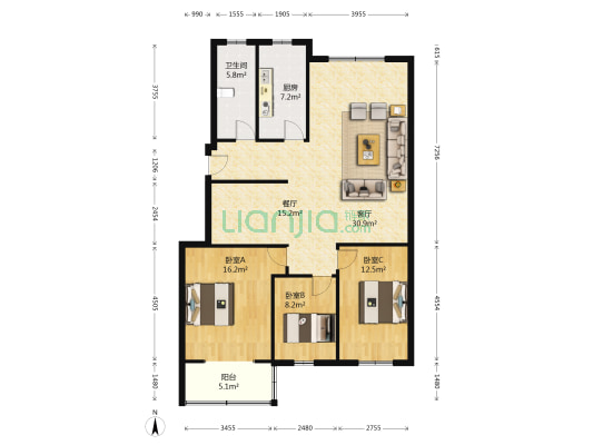 东方明珠小区 3室2厅1卫 125平方