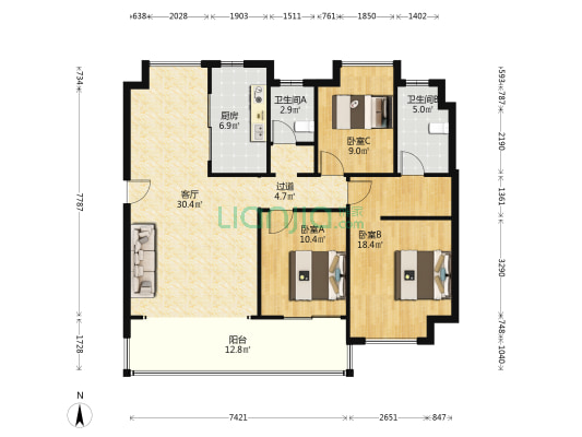 碧桂园天玺 3室1厅2卫 122平方