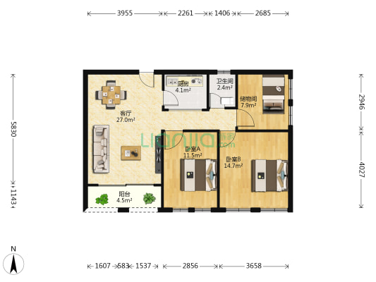 东御大厦 2室1厅1卫 95平方