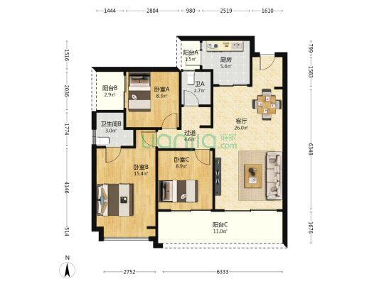 天健悦桂府 3室1厅2卫 119平方