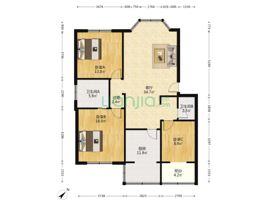 百家大院 3室1厅2卫 113平方