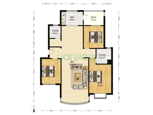 北仓园丁小区 3室1厅2卫 121平方