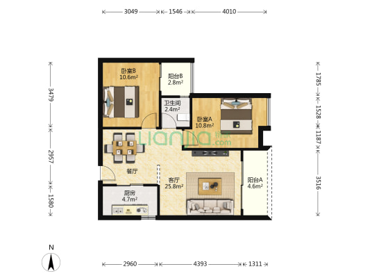 誉领轩 2室1厅1卫 80平方