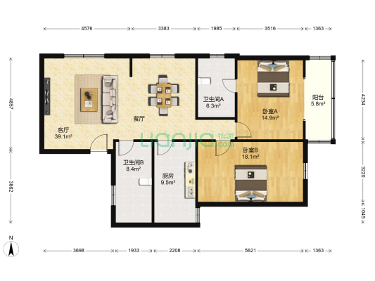 德安大厦 2室1厅2卫 158平方