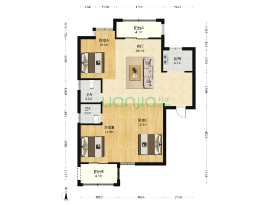 东升新城一区 3室1厅2卫 107平方