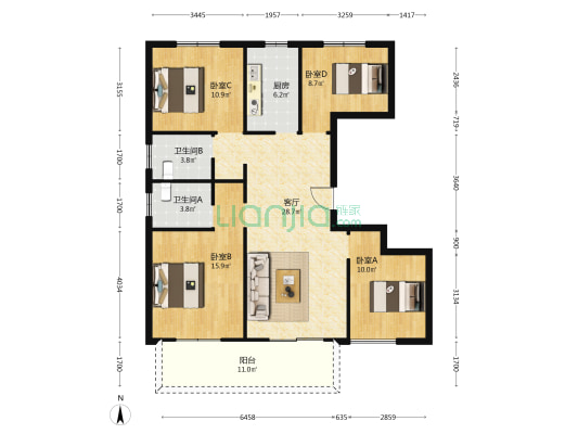 百润城南印 4室1厅2卫 129平方