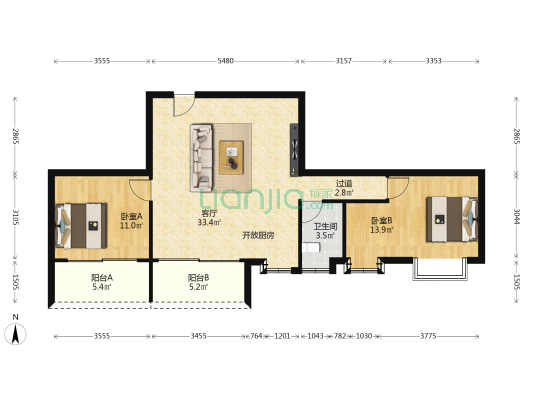 粤信广场阳光公寓 2室1厅1卫 93平方