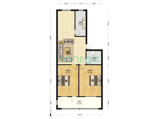 顺祥开发北楼 2室1厅1卫 117平方