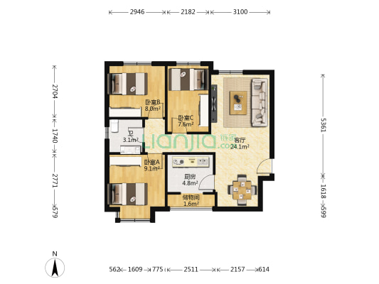 天佑家园 3室1厅1卫 85平方
