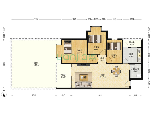 华顺北滨兰亭 3室1厅1卫 105平方