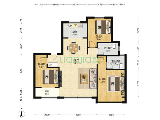 海棠悦府 3室1厅2卫 117平方